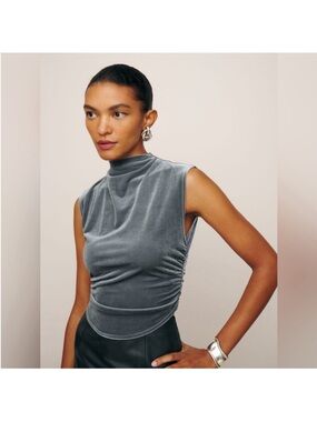 Reformation Slate Gray Velvet Sleeveless Mock Neck Tank